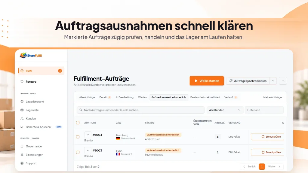 Auftragsausnahmen schnell klären. Markierte Aufträge zügig prüfen, handeln und das Lager am Laufen halten.