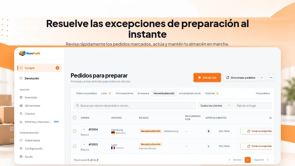 Resuelve las excepciones de preparación al instante. Revisa rápidamente los pedidos marcados, actúa y mantén tu almacén en marcha.