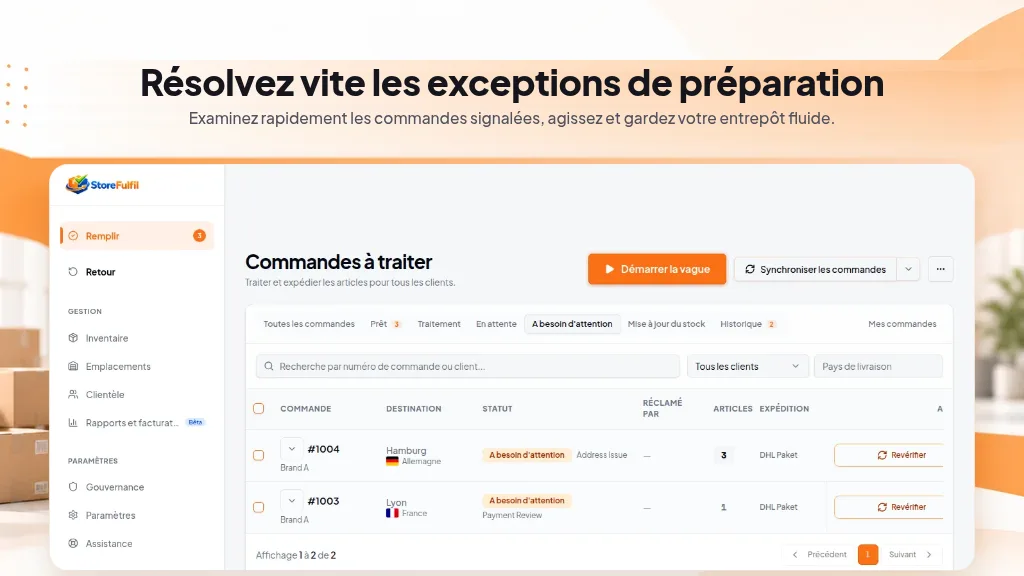 Résolvez vite les exceptions de préparation. Examinez rapidement les commandes signalées, agissez et gardez votre entrepôt fluide.