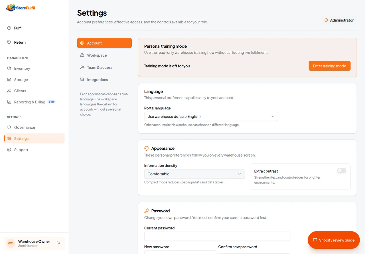 StoreFulfil personal account settings and training mode controls
