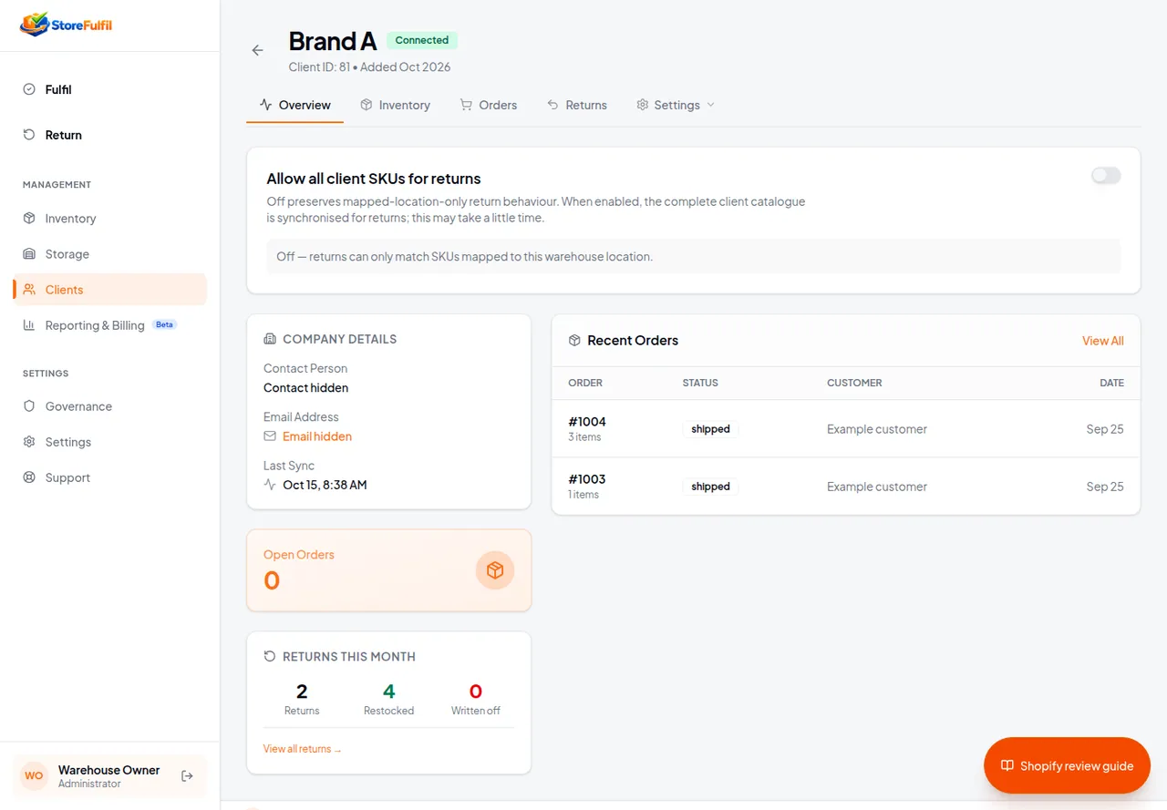 StoreFulfil client detail workspace with client-specific tabs