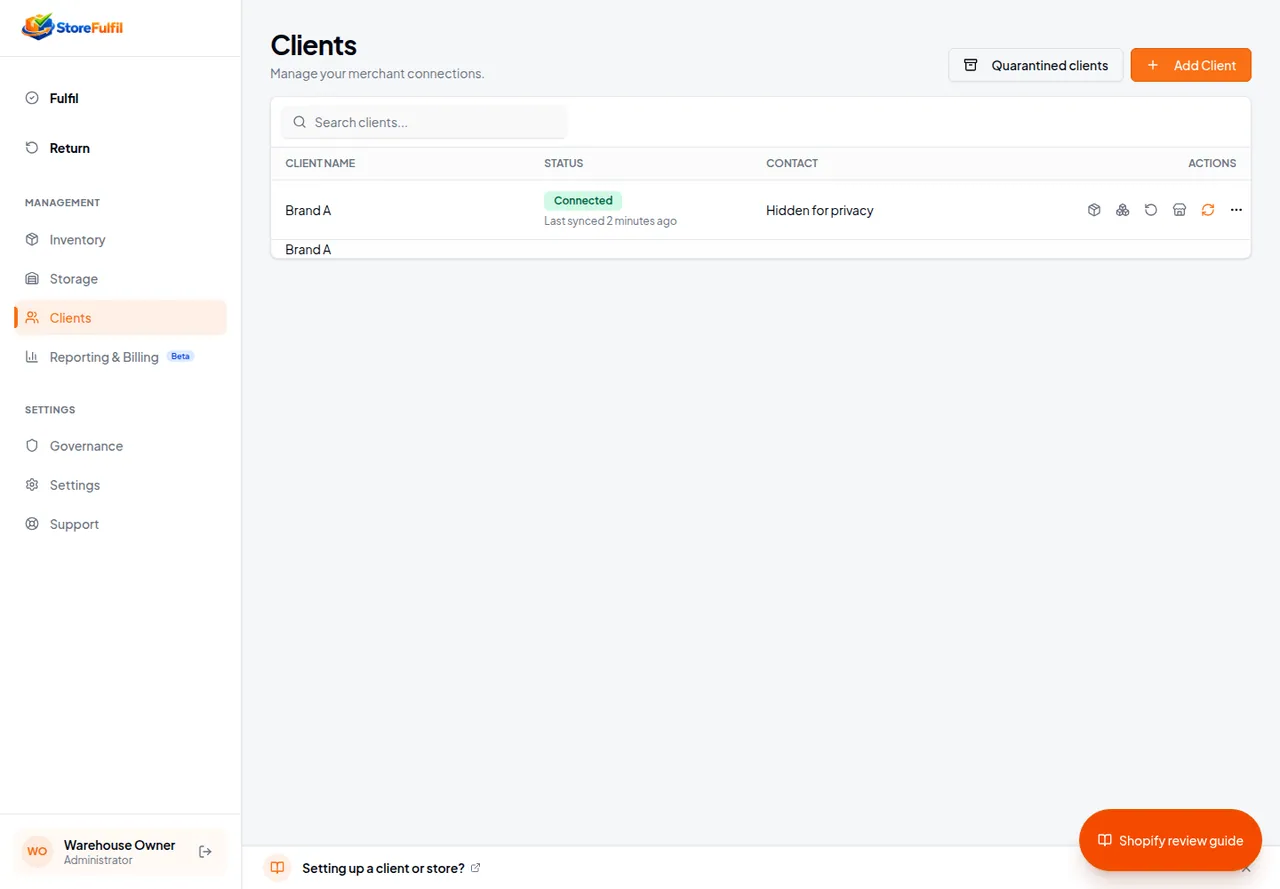 StoreFulfil Clients list showing client status and available actions
