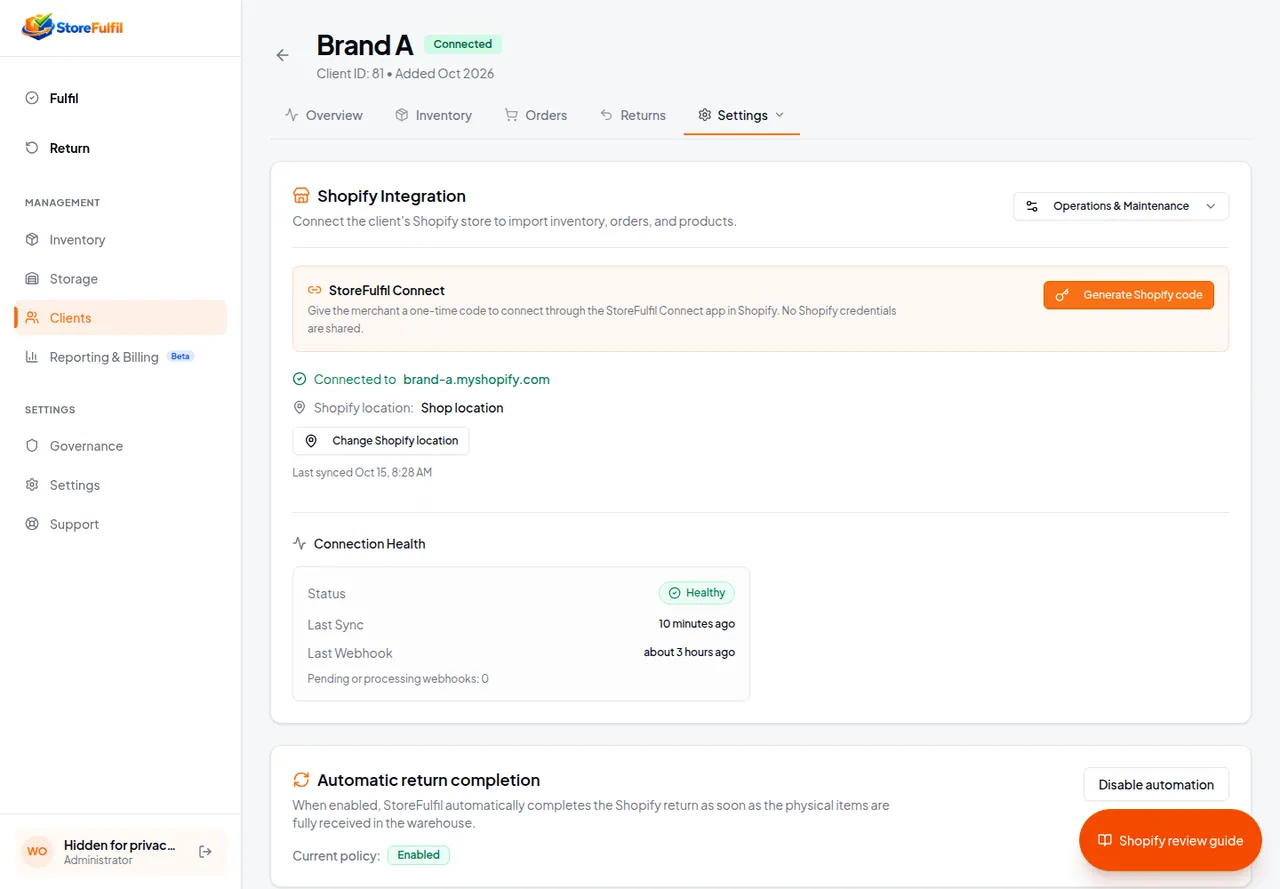 Client Shopify Connection screen with the mapped Shopify location