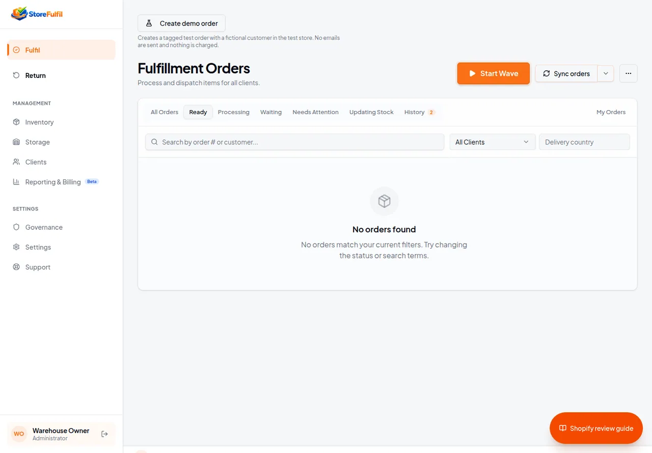 StoreFulfil Fulfil screen with order queue tabs and filters