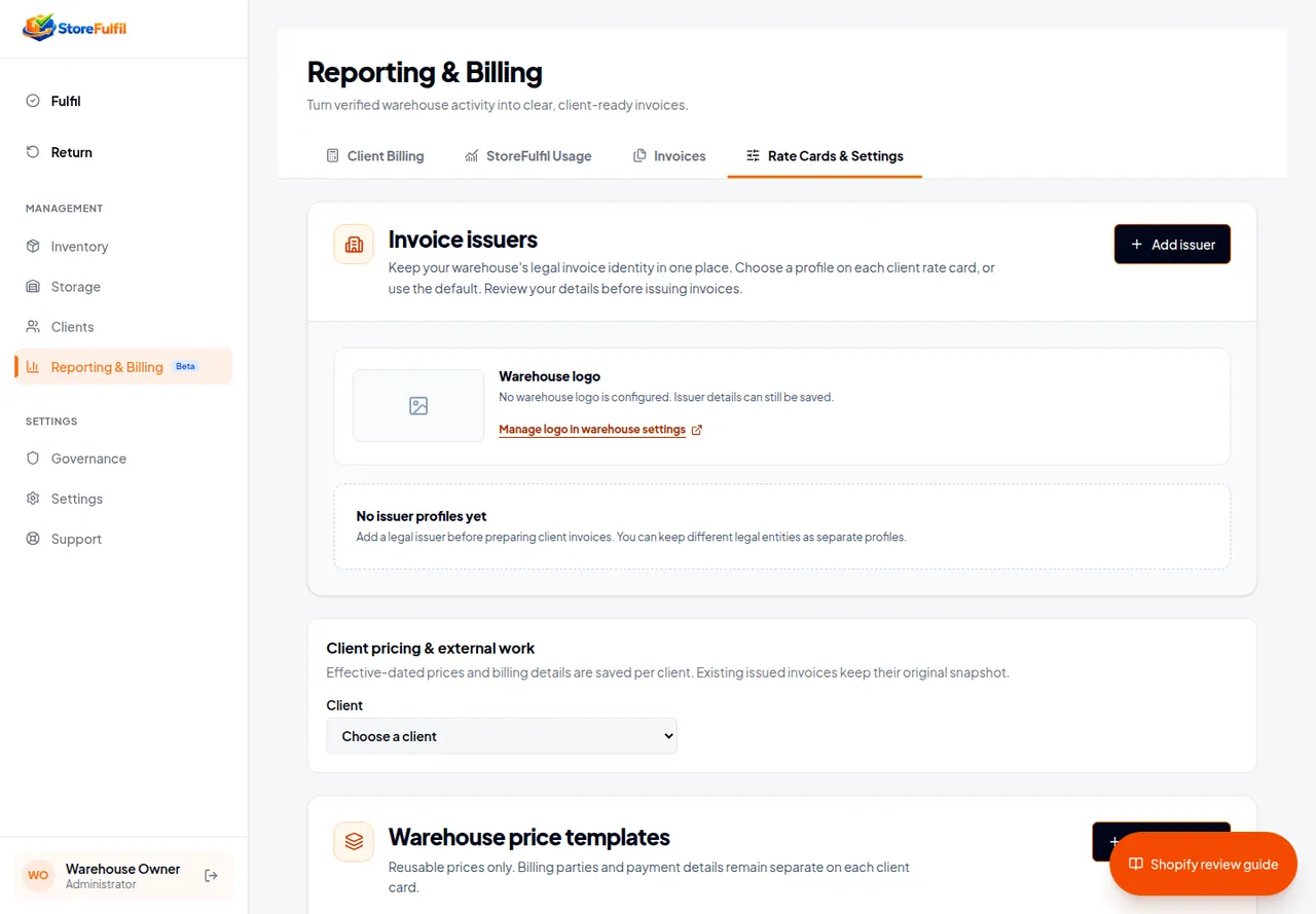 StoreFulfil rate cards and billing settings workspace