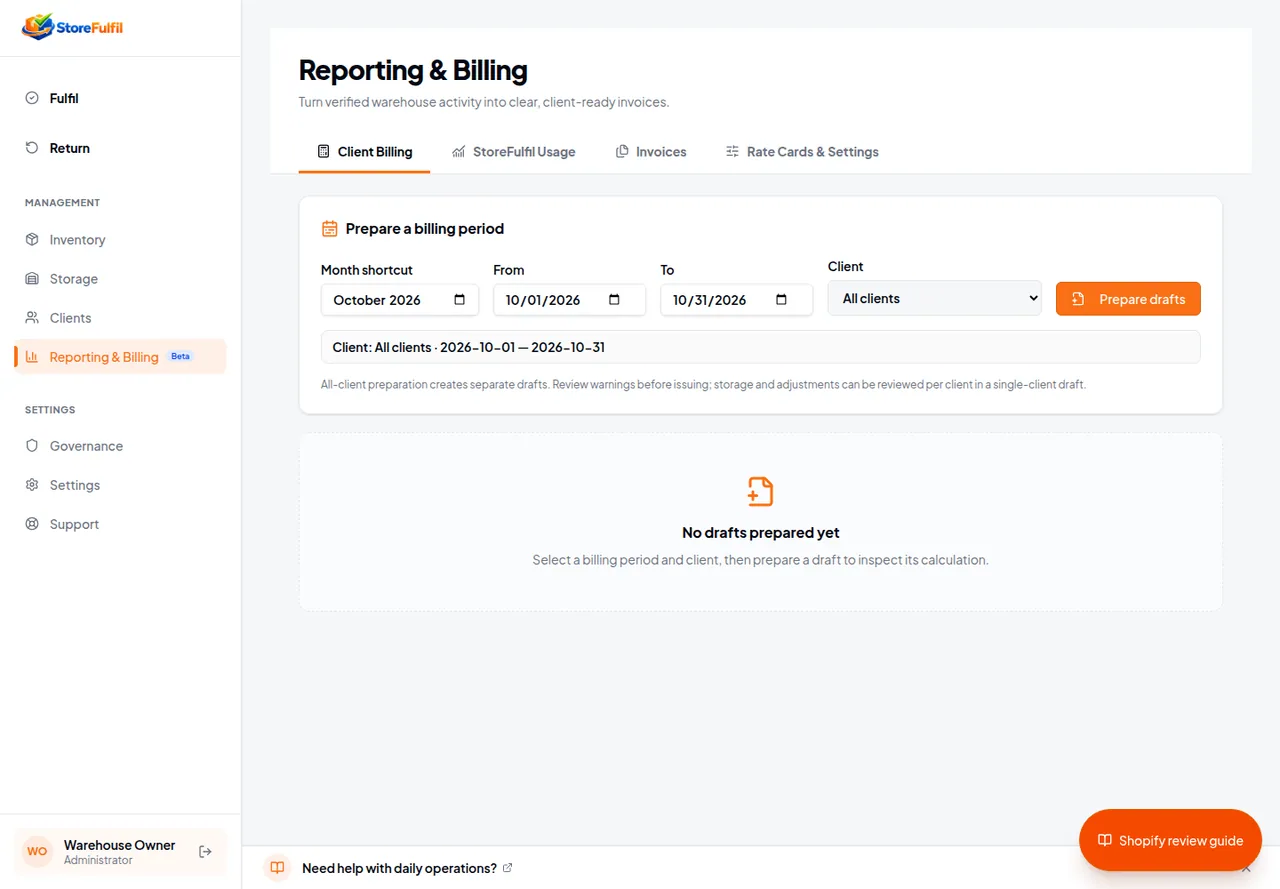 StoreFulfil reporting and billing workspace with billing period controls