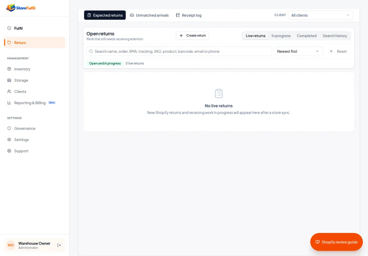 StoreFulfil return workspace with receiving views and receipt log