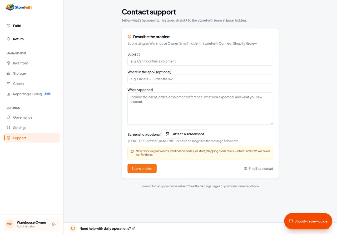 StoreFulfil support workspace for finding guidance and reporting a problem