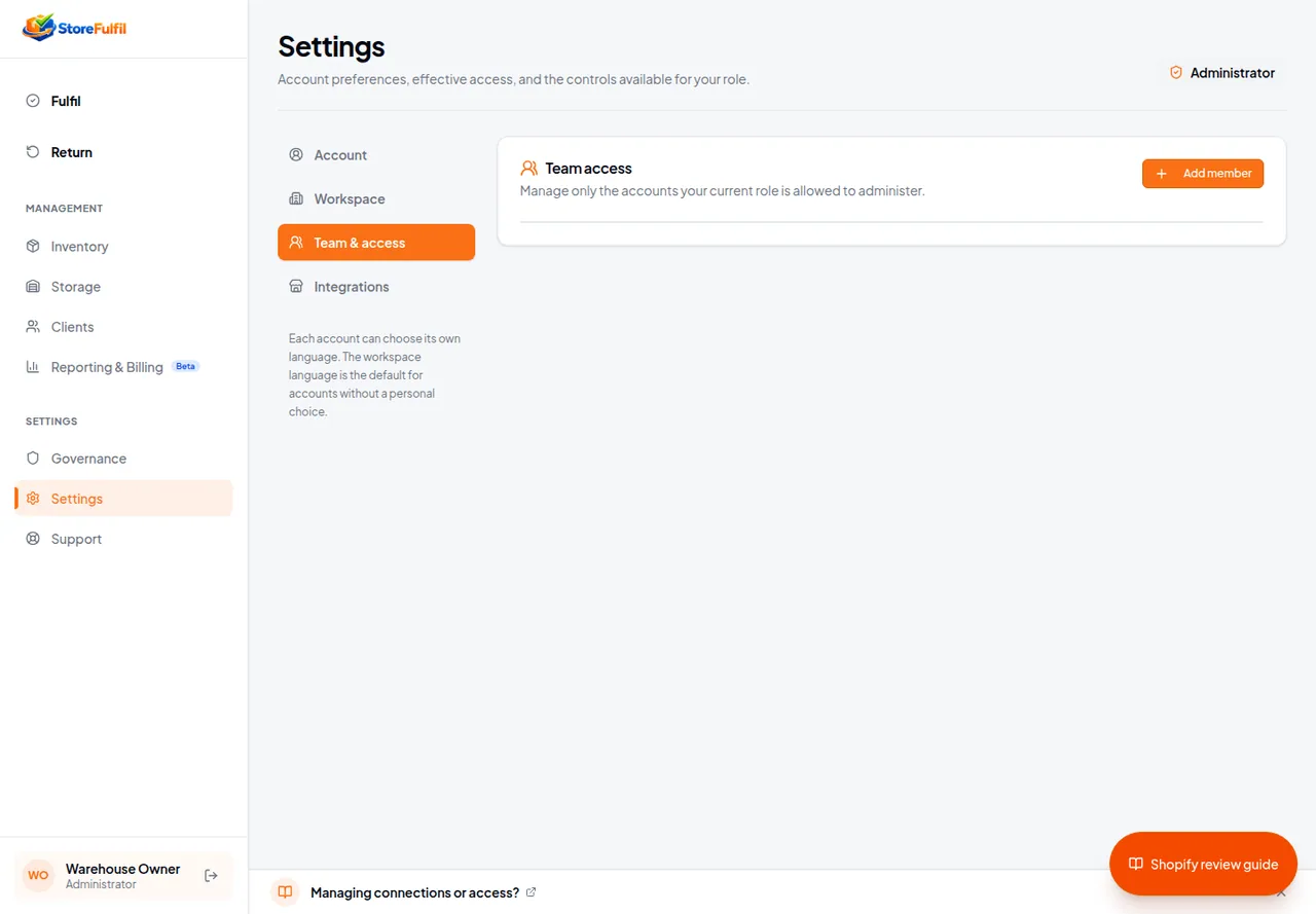 StoreFulfil Settings Team and access view with Add member