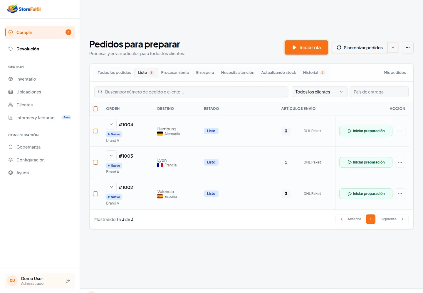 Pantalla de pedidos de StoreFulfil con datos anonimizados