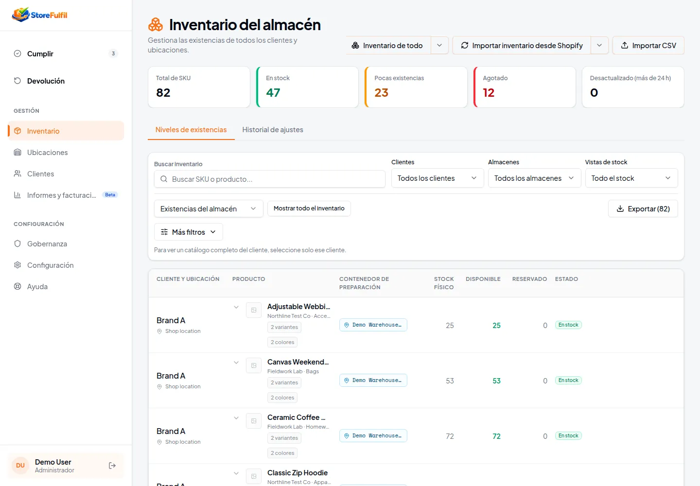 Inventario de StoreFulfil con Brand A anonimizada, ubicaciones de recogida asignadas y cantidades físicas, disponibles y comprometidas