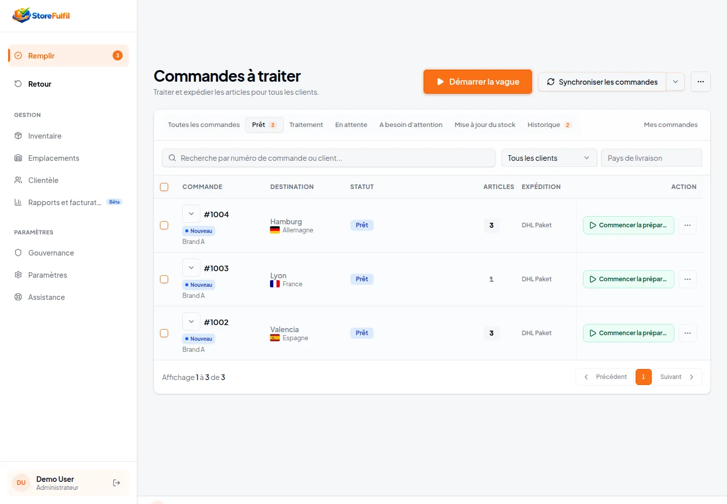 Écran des commandes à traiter de StoreFulfil, avec des données anonymisées