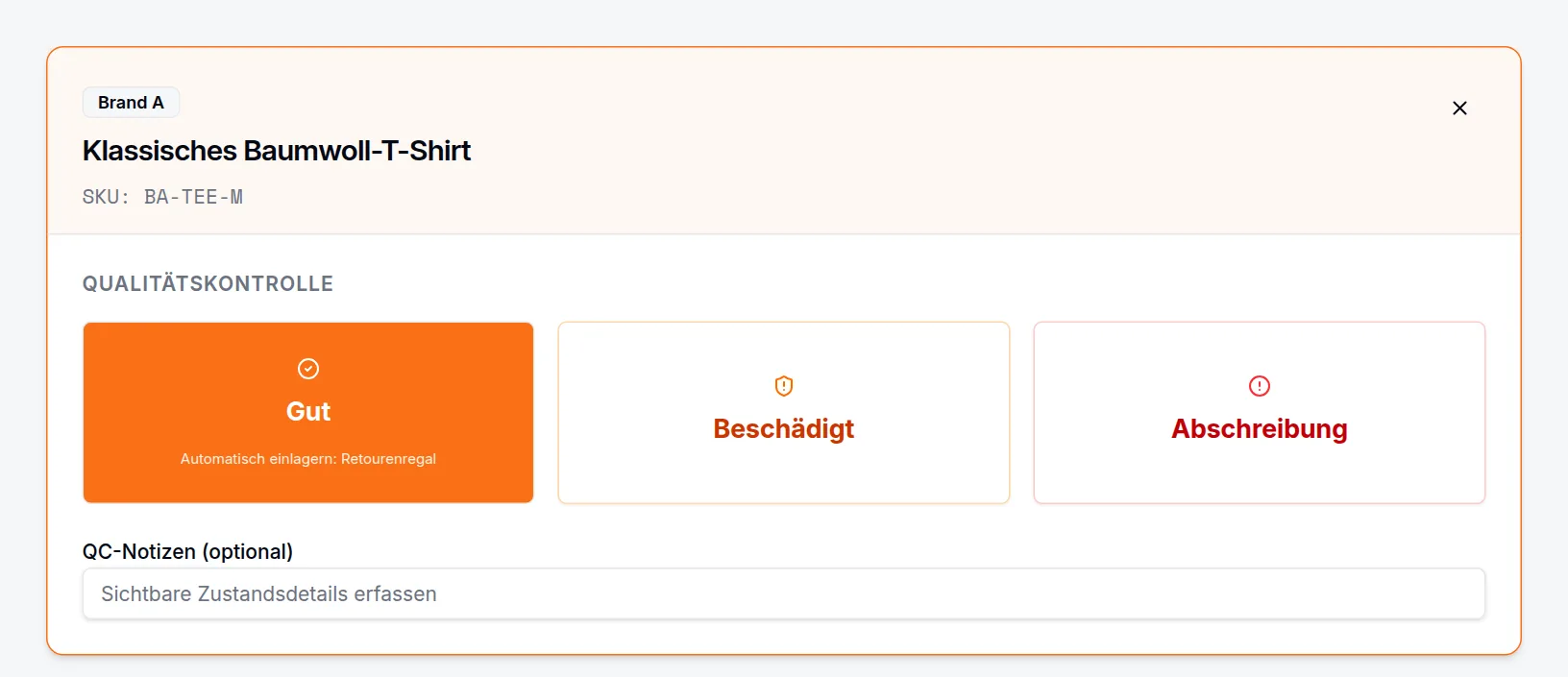 StoreFulfil-Qualitätskontrolle einer Retoure mit einem Beispielartikel zur Zustandsbewertung