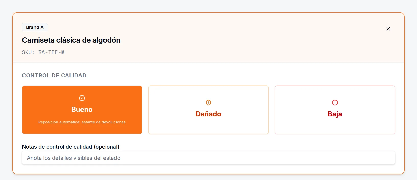 Pantalla de control de calidad de devoluciones de StoreFulfil, con un artículo de ejemplo listo para evaluar