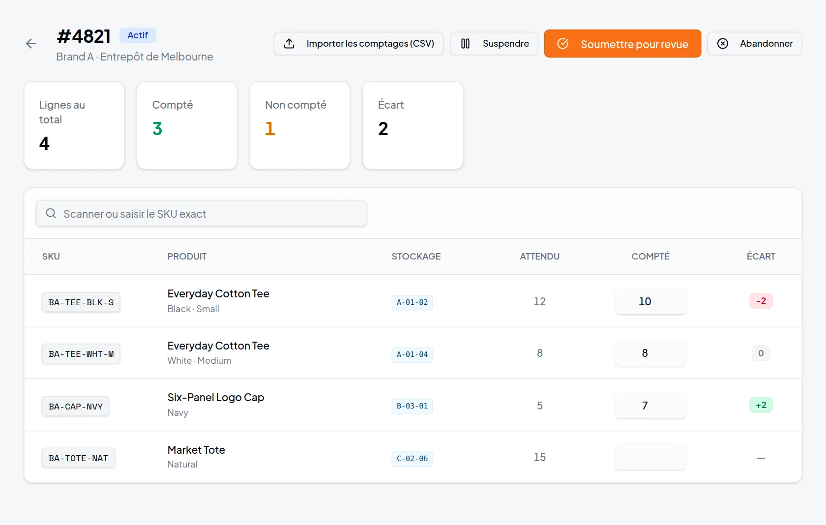 Inventaire en cours dans StoreFulfil, avec des articles exemples comptés et des écarts de stock