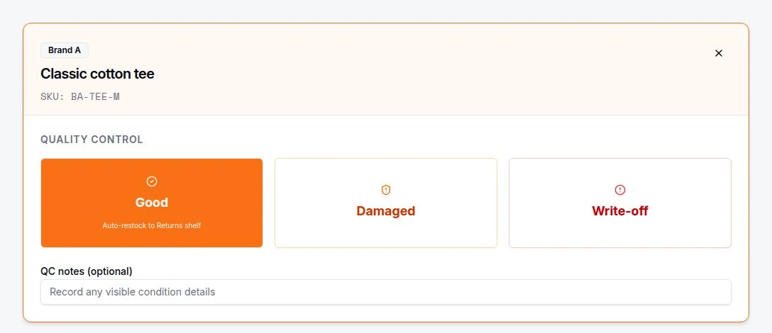 StoreFulfil returns quality-control screen with an example item ready for grading