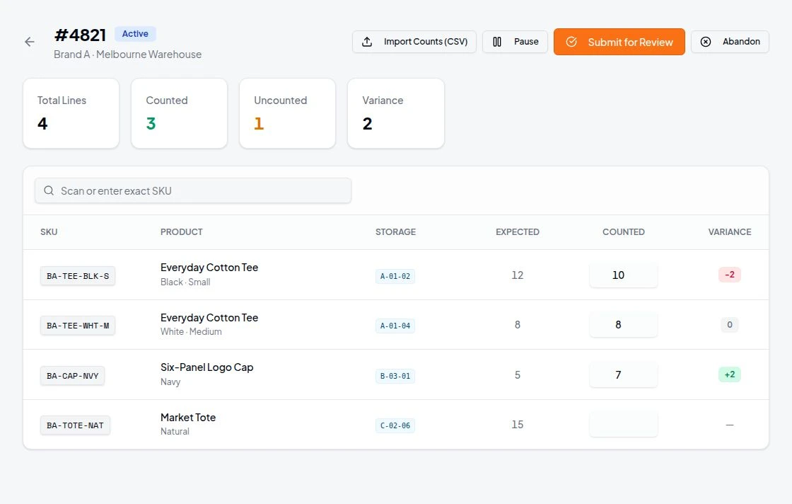 A stocktake in progress in StoreFulfil, with example counted items and inventory variances