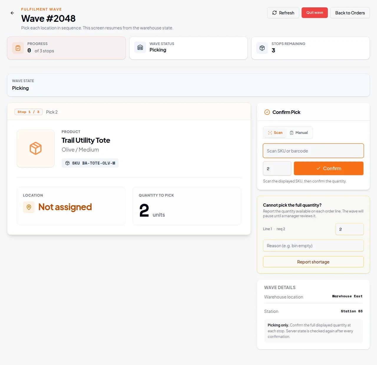 StoreFulfil wave picking interface with fictional example data, a current pick stop, quantity verification and shortage controls